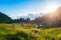 Alpine landscape, mountain stream in idyllic environment amid rocks meadows and forest. Sunburst at sunrise, the italian Alps Royalty Free Stock Photo