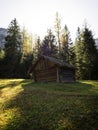 Alpine landscape panorama of rustic old wooden cabin mountain hut in forest at Ehrwald Tyrol Austria alps Europe Royalty Free Stock Photo