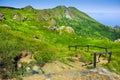 Alpine landscape with stairs descending towards the Mediteranean Sea in Beigua National Geopark Royalty Free Stock Photo