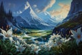 Alpine lilies and snow-capped peaks in a tranquil mountain valley painting