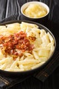 Alpine macaroni alplermagronen is Swiss mac and cheese with potatoes closeup in the plate. Vertical Royalty Free Stock Photo