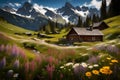 An alpine meadow in full bloom, with a charming wooden cabin
