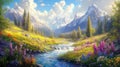 Vibrant Alpine Meadow with Wildflowers and Mountain Stream under Blue Sky Royalty Free Stock Photo