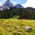 Alpine meadow with some cottages and the Gosau mountain peaks in the background