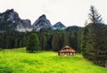 Alpine meadow with some cottages and the Gosau mountain peaks in the background