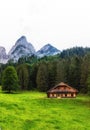 Alpine meadow with some cottages and the Gosau mountain peaks in the background