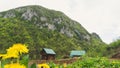 An Alpine meadow with wild flowers and an old wooden farmhouse. hut cabin in mountain alps at rural fall landscape Royalty Free Stock Photo