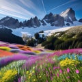 Alpine meadows in majesty.Immersed in colorful alpine flowers amidst snow-capped peaks.AI generated