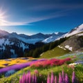 Alpine meadows in majesty.Immersed in colorful alpine flowers amidst snow-capped peaks.AI generated