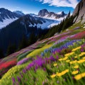 Alpine meadows in majesty.Immersed in colorful alpine flowers amidst snow-capped peaks.AI generated