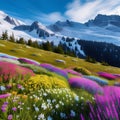 Alpine meadows in majesty.Immersed in colorful alpine flowers amidst snow-capped peaks.AI generated