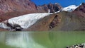 Alpine moraine bright lake with a glacier