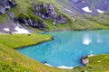 Alpine mountain lake landscape and view, blue beautiful and amazing lake panorama Royalty Free Stock Photo