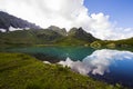 Alpine mountain lake landscape and view, blue beautiful and amazing lake panorama Royalty Free Stock Photo