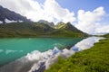 Alpine mountain lake landscape and view, blue beautiful and amazing lake panorama Royalty Free Stock Photo