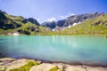 Alpine mountain lake landscape and view, blue beautiful and amazing lake panorama Royalty Free Stock Photo