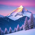 Alpine mountain peak landscape in beautiful pink sunset in winter