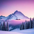 Alpine mountain peak landscape in beautiful pink sunset in winter