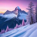 Alpine mountain peak landscape in beautiful pink sunset in winter