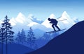 Alpine mountain ski downhill. Skier on slope of snowy rock. Jump competition in ice Alps. Mountainside skiing. Nature Royalty Free Stock Photo