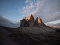 Alpine mountain sunrise panorama of Tre Cime di Lavaredo peak summit in Sexten Dolomites Belluno South Tyrol Italy alps