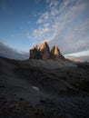 Alpine mountain sunrise panorama of Tre Cime di Lavaredo peak summit in Sexten Dolomites Belluno South Tyrol Italy alps