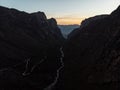 Alpine mountain valley landscape sunset panorama at lake Laguna Paron in Caraz Huaraz Ancash Cordillera Blanca Peru