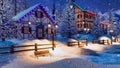 Alpine mountain village at snowfall winter night Royalty Free Stock Photo