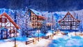 Alpine mountain village at winter night watercolor