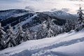 Alpine mountains landscape with white snow and blue sky. Sunset winter in nature. Frosty trees under warm sunlight. Wonderful wint Royalty Free Stock Photo