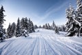 Alpine mountains landscape with white snow and blue sky. Sunset winter in nature. Frosty trees under warm sunlight. Wonderful wint Royalty Free Stock Photo