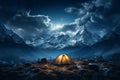 Alpine night camping Tent beneath stars, surrounded by towering peaks and tranquility