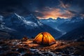Alpine night camping Tent beneath stars, surrounded by towering peaks and tranquility