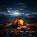 Alpine night camping Tent beneath stars, surrounded by towering peaks and tranquility