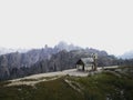 Alpine panorama of Cappella degli Alpini mountain chapel and Cadini di Misurina at Tre Cime Dolomites South Tyrol Italy Royalty Free Stock Photo