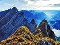 Alpine peaks in the Churfirsten mountain chain between Thur river valley and Walensee lake