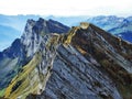 Alpine peaks in the Churfirsten mountain chain between Thur river valley and Walensee lake Royalty Free Stock Photo