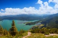 Alpine range bavarian alps, beautiful view to lake walchensee from herzogstand mountain station Royalty Free Stock Photo