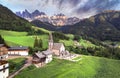 Alpine scenery of breathtaking Dolomites rocks mountains in Italian Alps, South Tyrol, Italy. Aerial view of Val di Funes