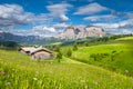 Alpine scenery in the Dolomites with green meadows and mountain chalets at Alpe di Siusi, South Tyrol, Italy Royalty Free Stock Photo