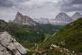 Alpine scenery of Italian Dolomites. Trail from Passo Giau to Lago di Federa