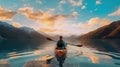Alpine Serenity: Young Woman Embracing Nature While Kayaking in the Crystal Lake of the Alps