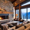 An alpine ski lodge living room with a cozy stone fireplace, plaid upholstery, and panoramic mountain views4, Generative AI