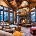 An alpine ski lodge living room with a cozy stone fireplace, plaid upholstery, and panoramic mountain views1, Generative AI