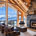 An alpine ski lodge living room with a cozy stone fireplace, plaid upholstery, and panoramic mountain views3, Generative AI