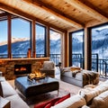 An alpine ski lodge living room with a cozy stone fireplace, plaid upholstery, and panoramic mountain views5, Generative AI