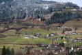 Alpine spring fields and traditional wooden houses