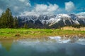 Alpine spring landscape with snowy mountains in background, Transylvania, Romania Royalty Free Stock Photo
