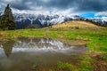 Alpine spring scenery with snowy mountains in background, Transylvania, Romania Royalty Free Stock Photo