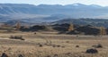 Alpine steppe with rare trees and a mountain range in blue haze